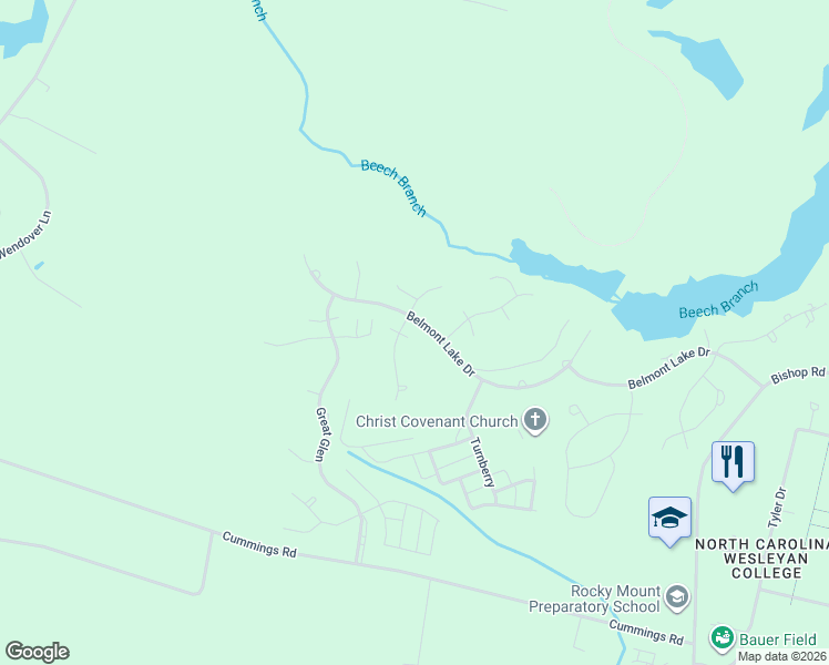map of restaurants, bars, coffee shops, grocery stores, and more near Fords Colony Dr in Rocky Mt
