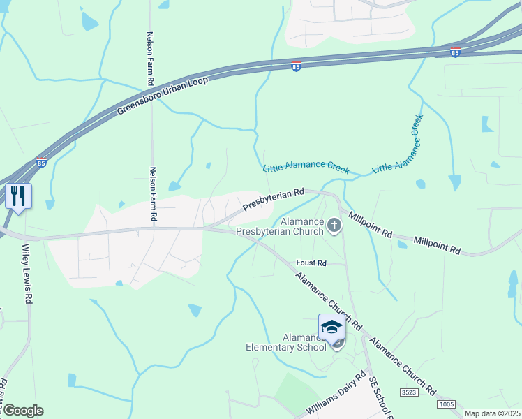 map of restaurants, bars, coffee shops, grocery stores, and more near 3912 Presbyterian Road in Greensboro