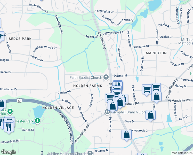 map of restaurants, bars, coffee shops, grocery stores, and more near 3201 Darden Road in Greensboro