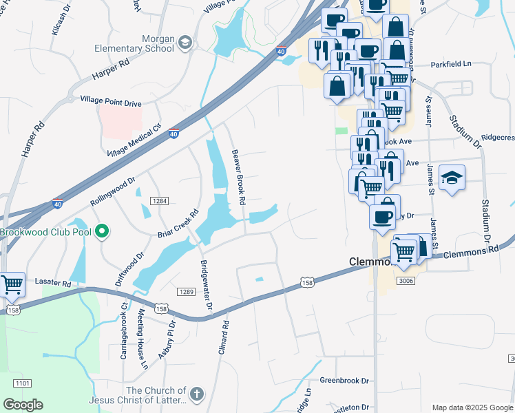 map of restaurants, bars, coffee shops, grocery stores, and more near 6650 Belfield Court in Clemmons