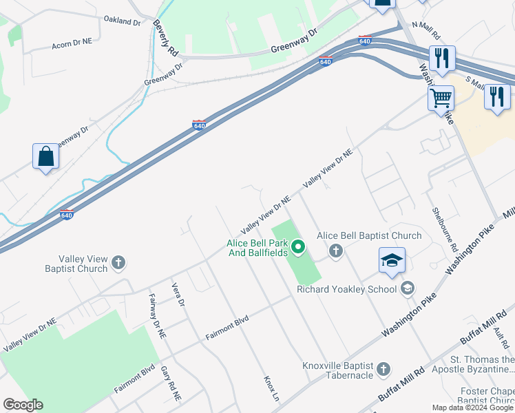 map of restaurants, bars, coffee shops, grocery stores, and more near 4001 Valley View Drive Northeast in Knoxville