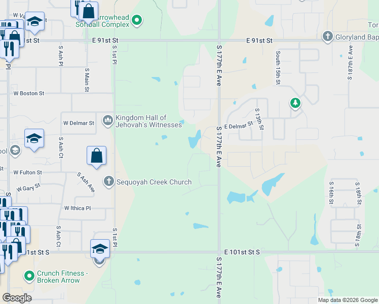map of restaurants, bars, coffee shops, grocery stores, and more near 9606-9738 South 177th East Avenue in Broken Arrow