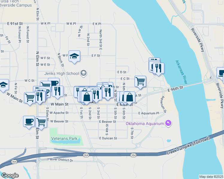 map of restaurants, bars, coffee shops, grocery stores, and more near 409 East A Street in Jenks