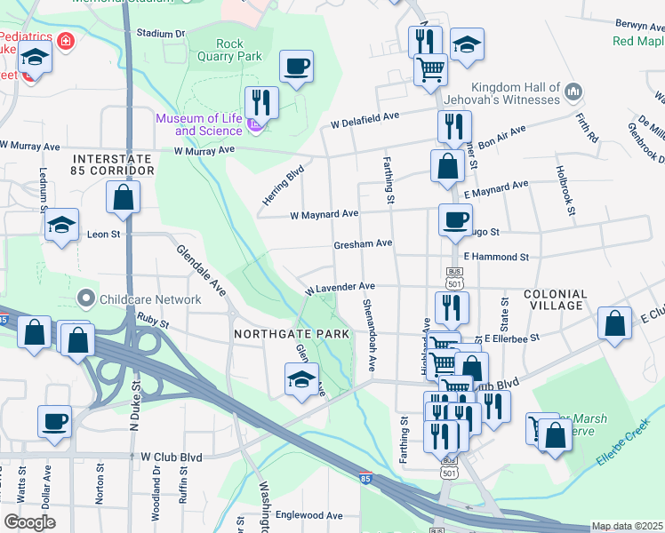 map of restaurants, bars, coffee shops, grocery stores, and more near 212 Greenwood Drive in Durham