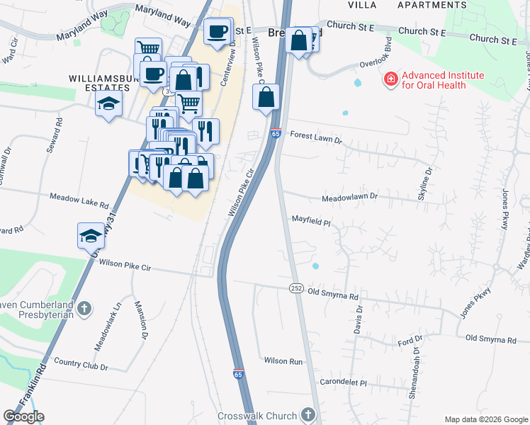 map of restaurants, bars, coffee shops, grocery stores, and more near 401 Wilson Pike in Brentwood