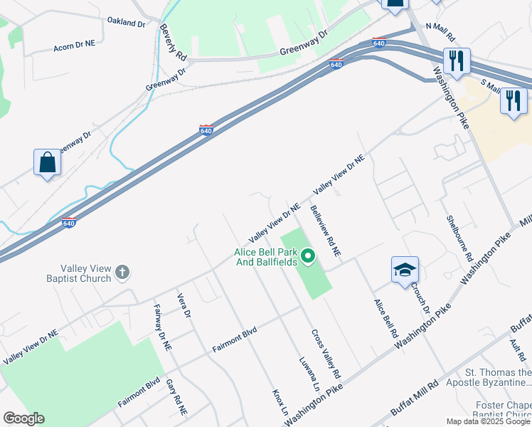 map of restaurants, bars, coffee shops, grocery stores, and more near 4001 Valley View Drive Northeast in Knoxville