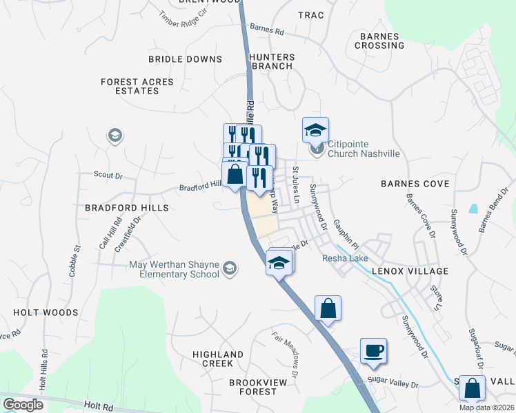 map of restaurants, bars, coffee shops, grocery stores, and more near 6900 Lenox Village Drive in Nashville