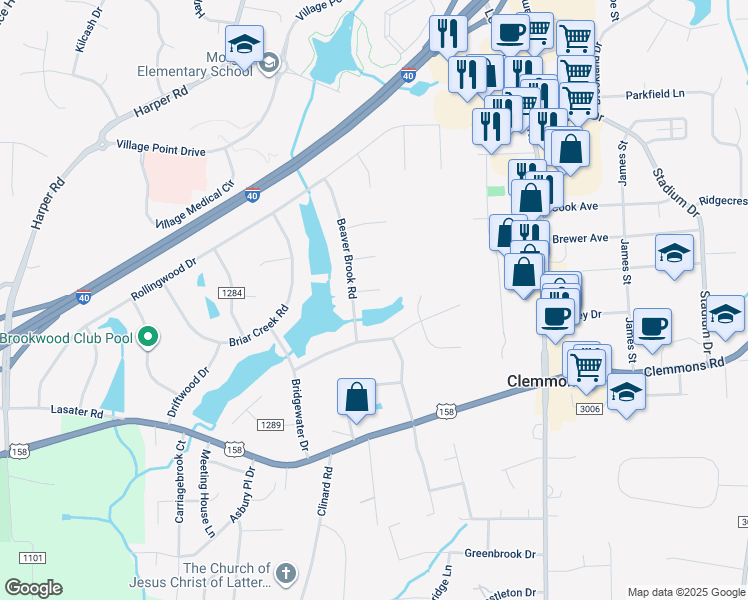 map of restaurants, bars, coffee shops, grocery stores, and more near 6650 Belfield Court in Clemmons