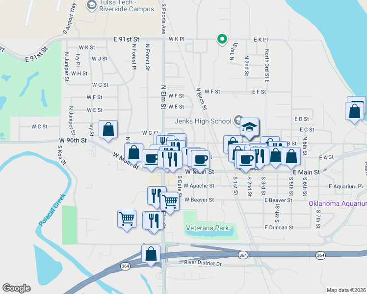map of restaurants, bars, coffee shops, grocery stores, and more near 423 West A Street in Jenks