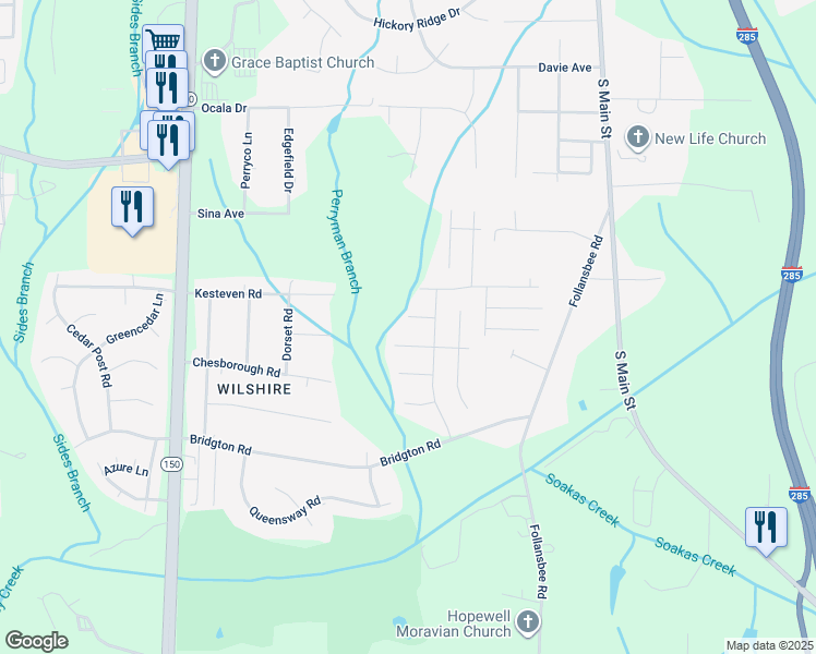 map of restaurants, bars, coffee shops, grocery stores, and more near 1340 Bridgton Cape Court in Winston-Salem