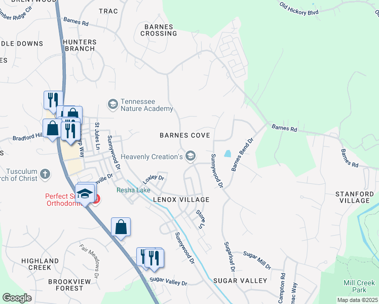 map of restaurants, bars, coffee shops, grocery stores, and more near 4109 Barnes Cove Drive in Nashville
