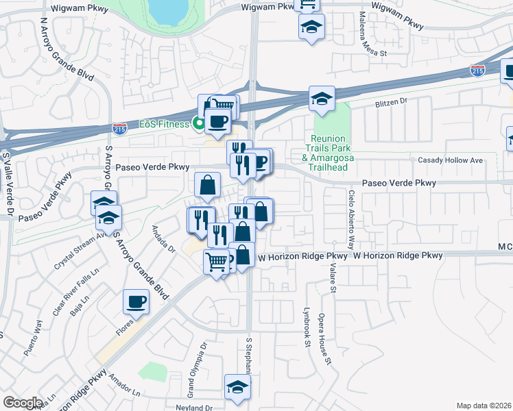 map of restaurants, bars, coffee shops, grocery stores, and more near 140 South Stephanie Street in Henderson