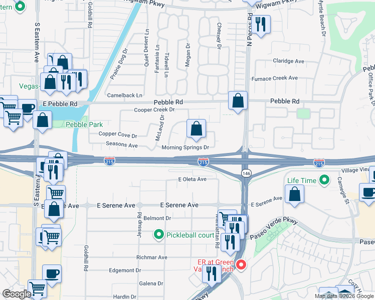 map of restaurants, bars, coffee shops, grocery stores, and more near 3171 Morning Springs Drive in Henderson