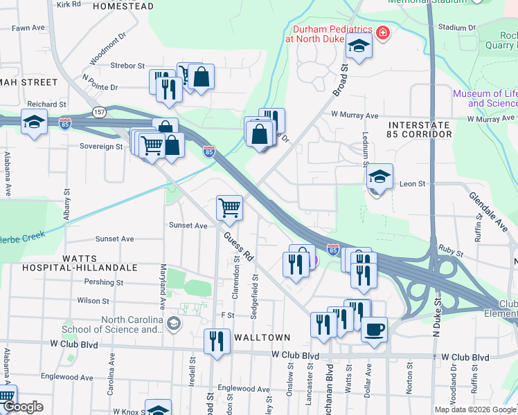 map of restaurants, bars, coffee shops, grocery stores, and more near 1710 Hillcrest Drive in Durham