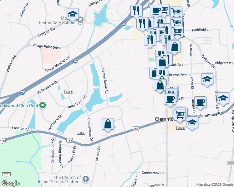 map of restaurants, bars, coffee shops, grocery stores, and more near 6640 Belfield Court in Clemmons