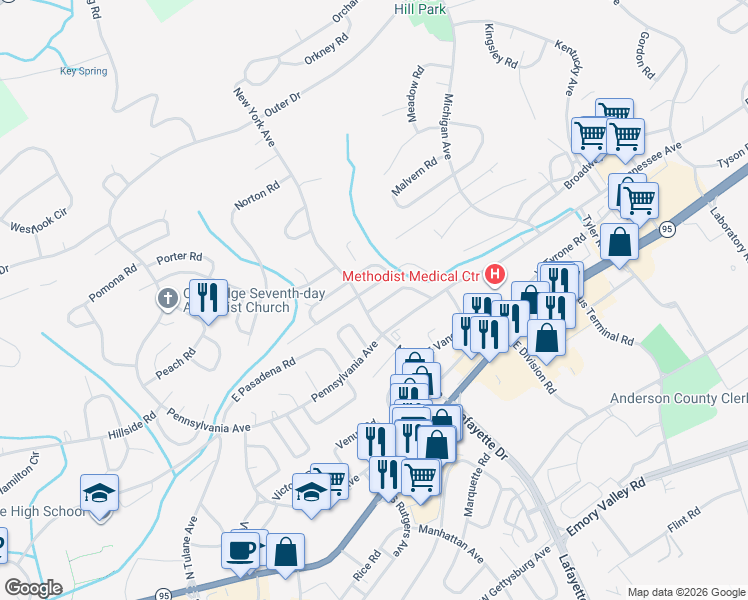 map of restaurants, bars, coffee shops, grocery stores, and more near 105 New York Avenue in Oak Ridge