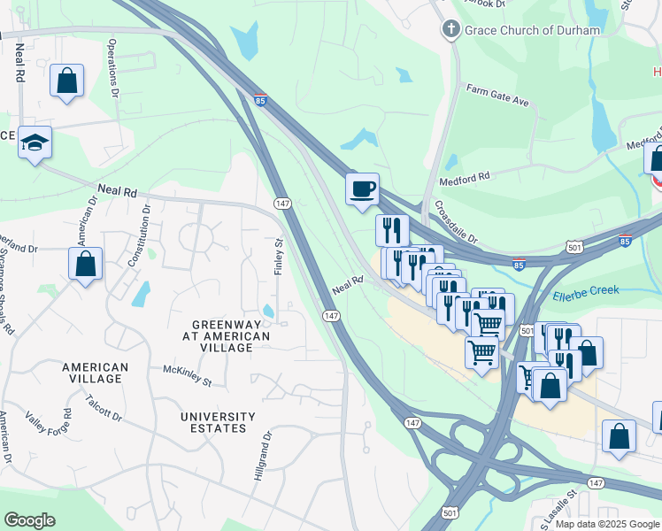 map of restaurants, bars, coffee shops, grocery stores, and more near 3907 Comfort Lane in Durham