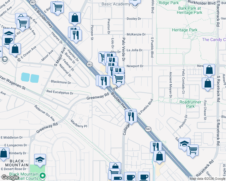 map of restaurants, bars, coffee shops, grocery stores, and more near 2 Palo Verde Drive in Henderson