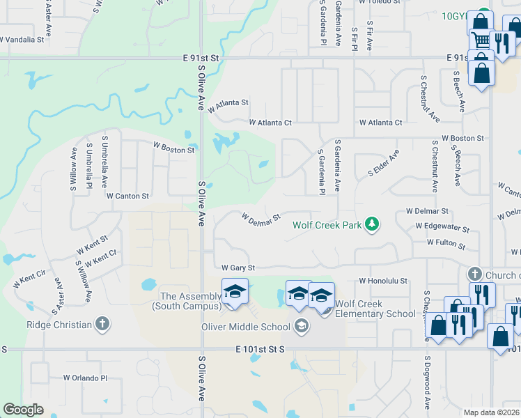 map of restaurants, bars, coffee shops, grocery stores, and more near 2911 South Kalanchoe Avenue in Broken Arrow