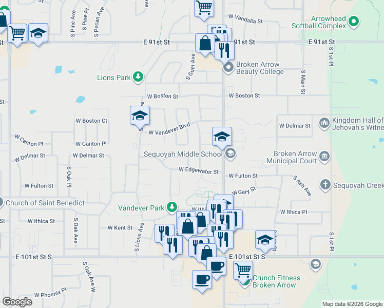 map of restaurants, bars, coffee shops, grocery stores, and more near 2500 South Hickory Court in Broken Arrow