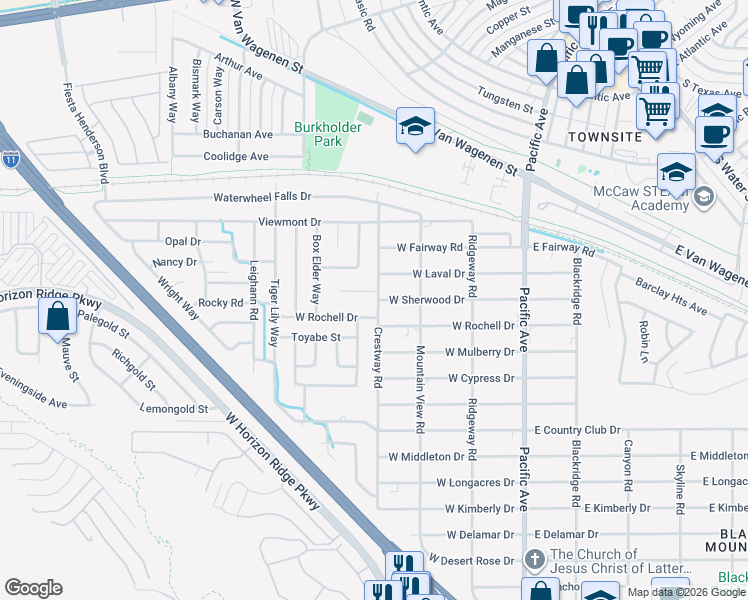 map of restaurants, bars, coffee shops, grocery stores, and more near 434 Crestway Road in Henderson