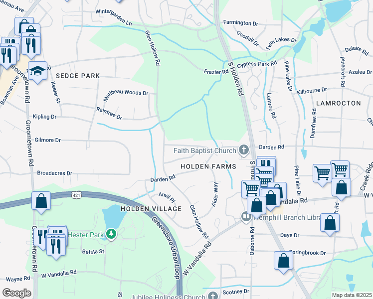 map of restaurants, bars, coffee shops, grocery stores, and more near 3305 Morning Dew Road in Greensboro
