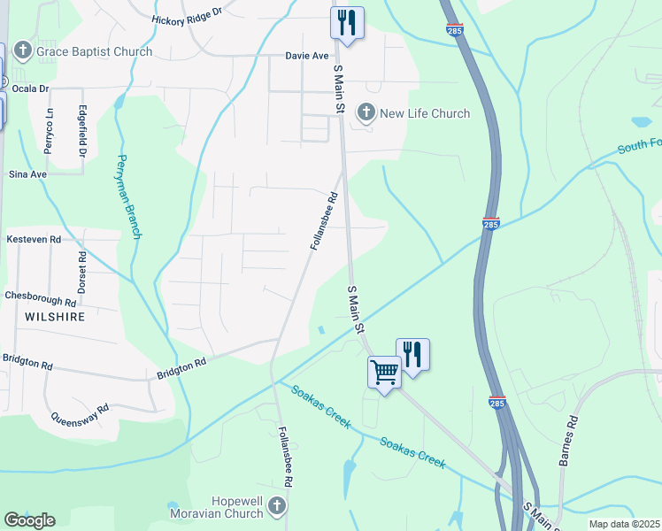 map of restaurants, bars, coffee shops, grocery stores, and more near 4556 South Main Street in Winston-Salem
