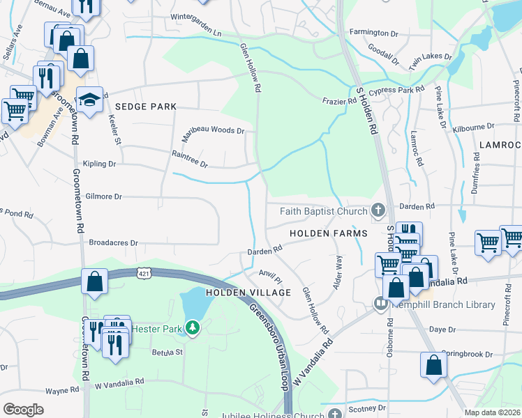 map of restaurants, bars, coffee shops, grocery stores, and more near 2902 Glen Hollow Road in Greensboro