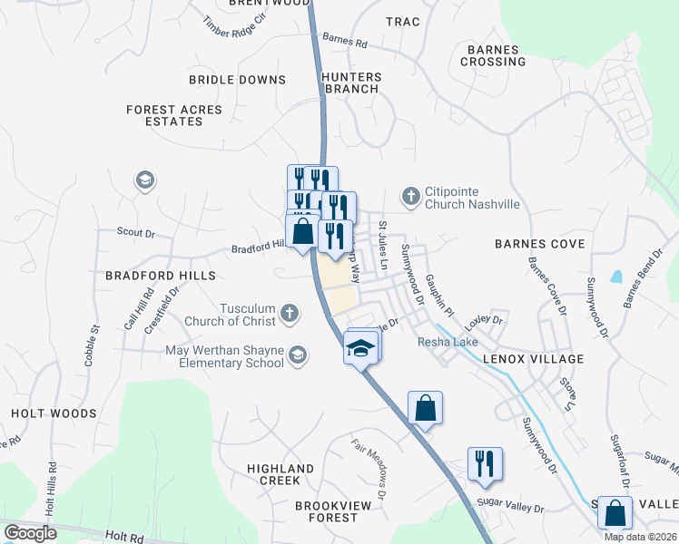 map of restaurants, bars, coffee shops, grocery stores, and more near 6900 Lenox Village Drive in Nashville
