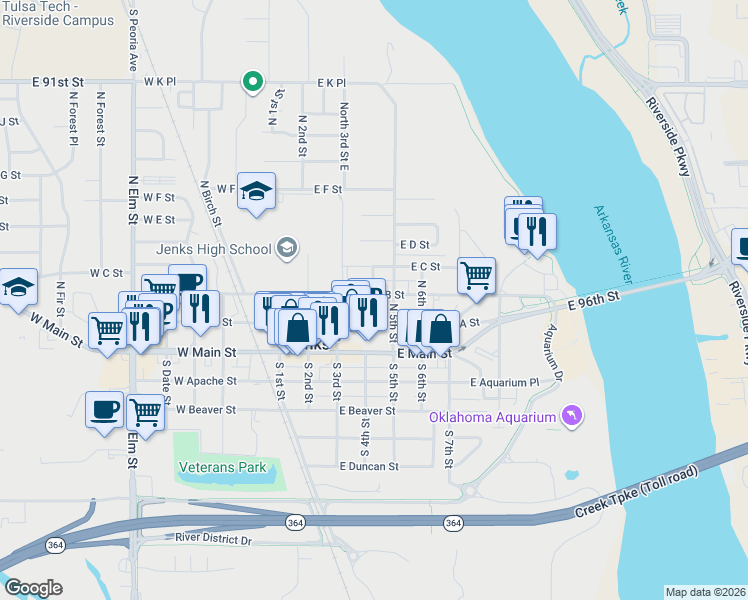 map of restaurants, bars, coffee shops, grocery stores, and more near 409 East A Street in Jenks