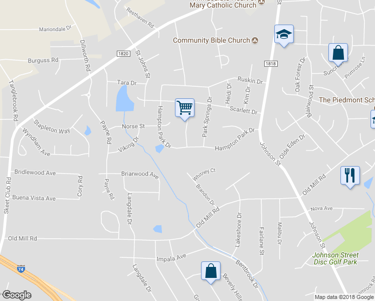 map of restaurants, bars, coffee shops, grocery stores, and more near 1164 Hampton Park Drive in High Point
