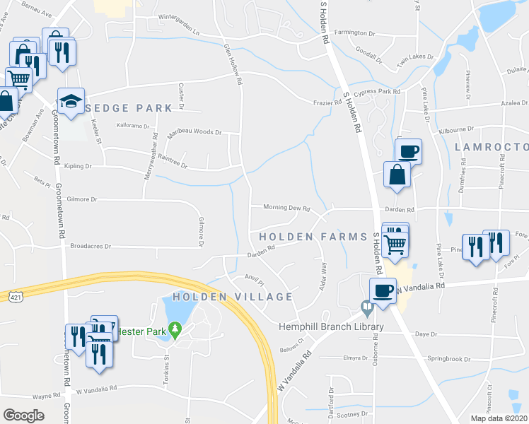 map of restaurants, bars, coffee shops, grocery stores, and more near 3315 Morning Dew Road in Greensboro