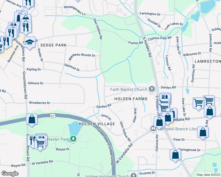 map of restaurants, bars, coffee shops, grocery stores, and more near 3315 Morning Dew Road in Greensboro