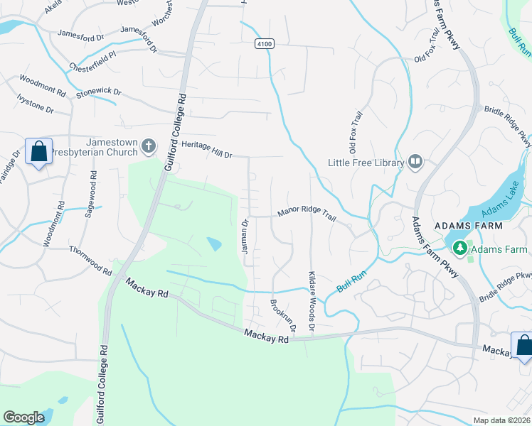 map of restaurants, bars, coffee shops, grocery stores, and more near 5911 Manor Ridge Trail in Jamestown