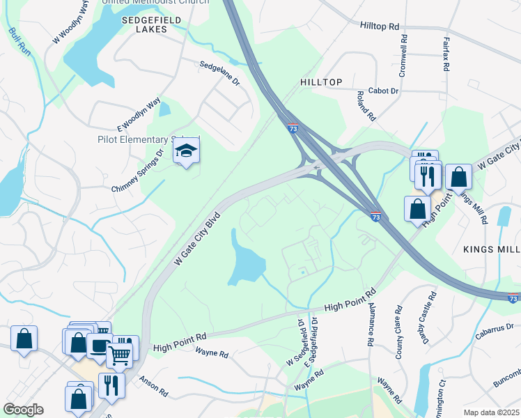 map of restaurants, bars, coffee shops, grocery stores, and more near 2900 Queenstown Circle in Greensboro