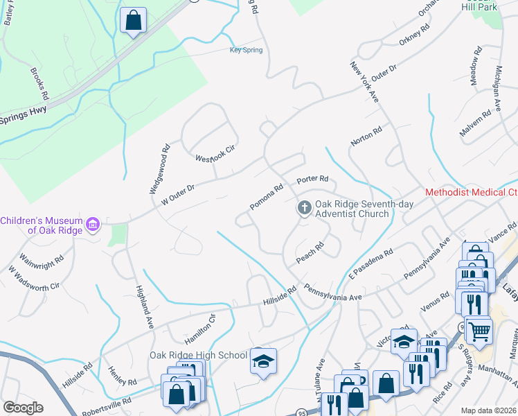 map of restaurants, bars, coffee shops, grocery stores, and more near 115 Pleasant Road in Oak Ridge
