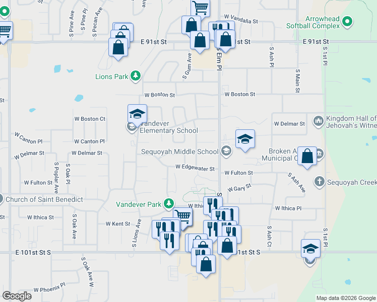 map of restaurants, bars, coffee shops, grocery stores, and more near 2500 South Hickory Court in Broken Arrow