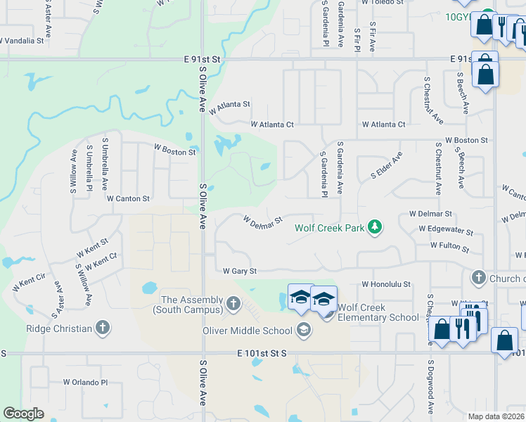 map of restaurants, bars, coffee shops, grocery stores, and more near 2911 South Kalanchoe Avenue in Broken Arrow