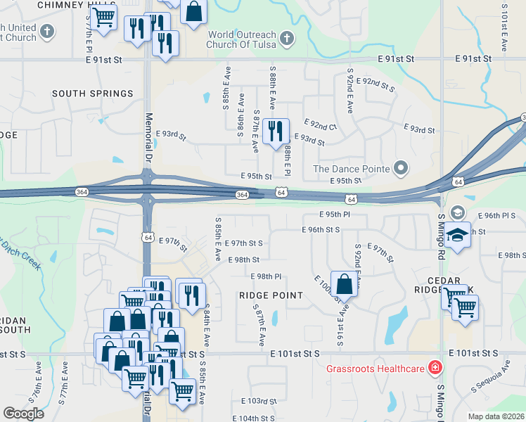 map of restaurants, bars, coffee shops, grocery stores, and more near 9516 South 87th Avenue East in Tulsa