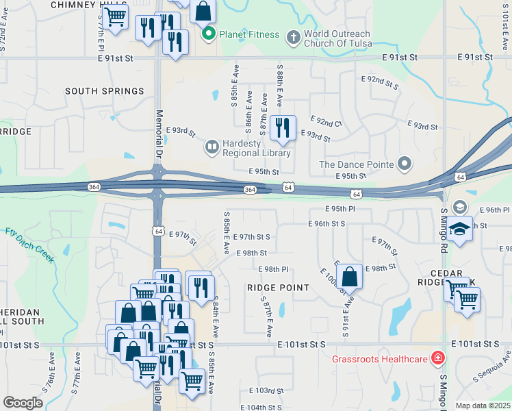 map of restaurants, bars, coffee shops, grocery stores, and more near 9516 South 87th Avenue East in Tulsa