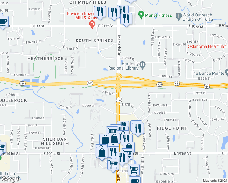 map of restaurants, bars, coffee shops, grocery stores, and more near 9618 South Memorial Drive in Tulsa