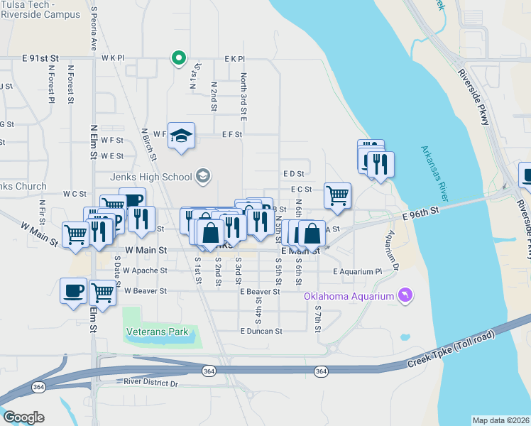 map of restaurants, bars, coffee shops, grocery stores, and more near 409 East A Street in Jenks