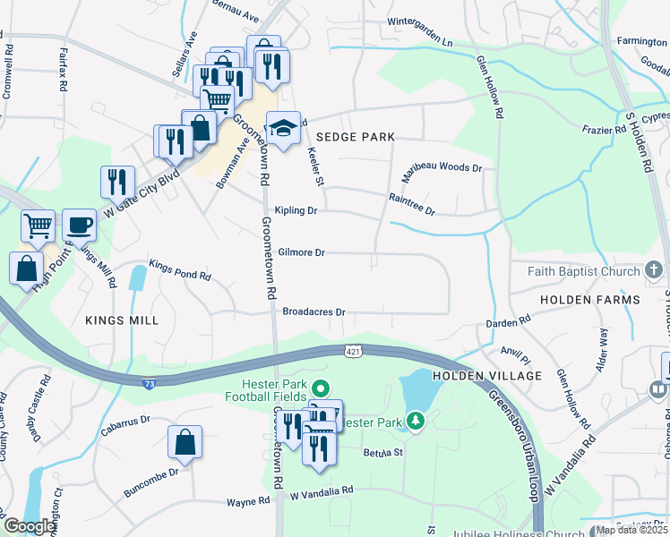 map of restaurants, bars, coffee shops, grocery stores, and more near 4005 Gilmore Drive in Greensboro