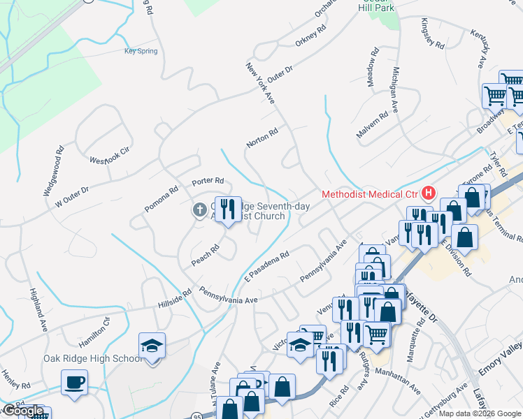map of restaurants, bars, coffee shops, grocery stores, and more near 104 Ulysses Lane in Oak Ridge