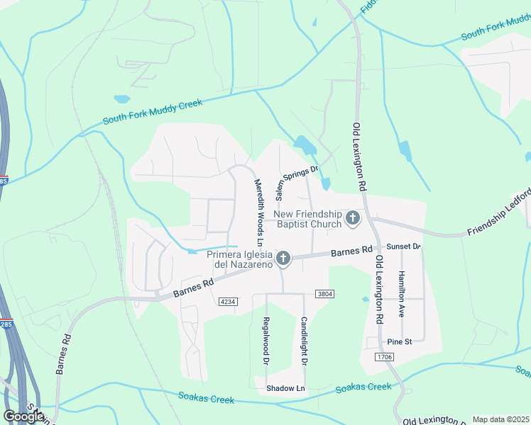 map of restaurants, bars, coffee shops, grocery stores, and more near 4165 Meredith Woods Lane in Winston-Salem