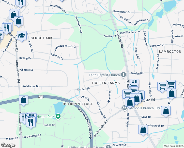 map of restaurants, bars, coffee shops, grocery stores, and more near 3309 Morning Dew Road in Greensboro