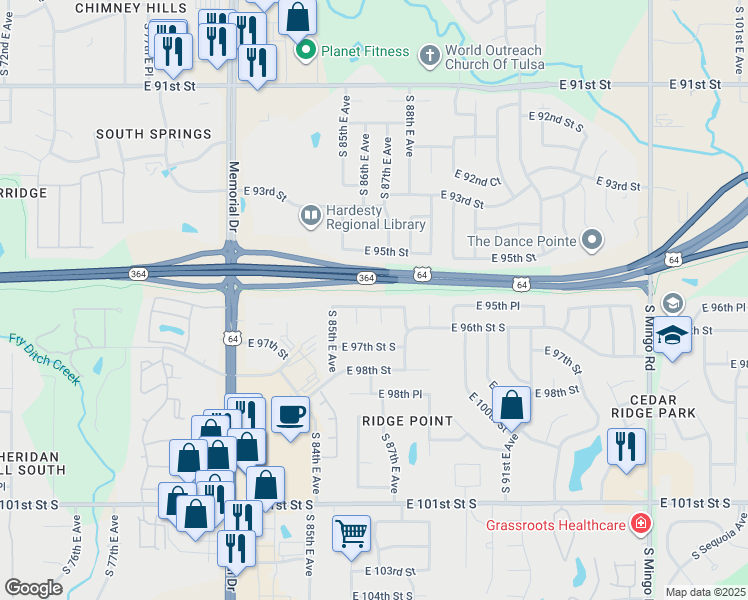 map of restaurants, bars, coffee shops, grocery stores, and more near 9516 South 87th Avenue East in Tulsa