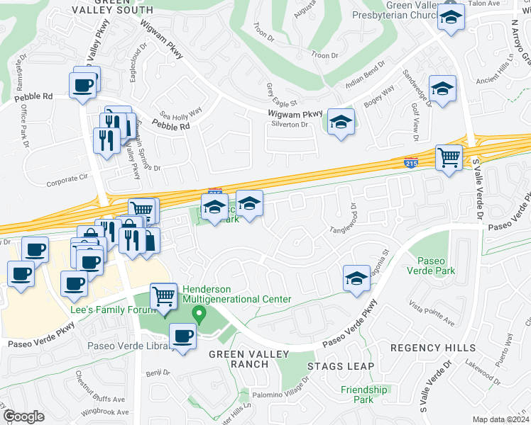 map of restaurants, bars, coffee shops, grocery stores, and more near 14 Golden View Street in Henderson