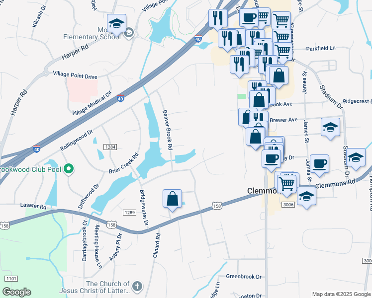 map of restaurants, bars, coffee shops, grocery stores, and more near 6640 Belfield Court in Clemmons
