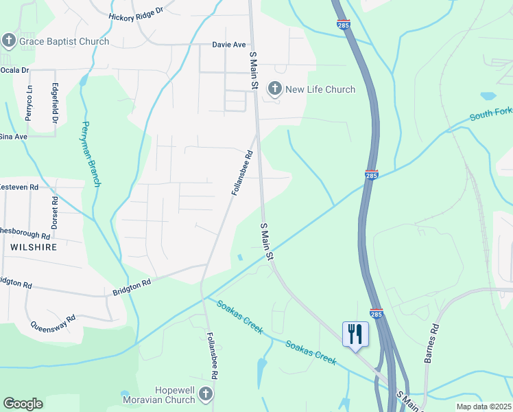 map of restaurants, bars, coffee shops, grocery stores, and more near 4556 South Main Street in Winston-Salem